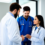 A professional healthcare scene depicting a diverse group of individuals, fully clothed in modest, appropriate attire, engaging with a healthcare professional in a modern, brightly lit medical center. The scene highlights the concepts of prevention and early detection, with subtle visual cues of advanced medical technology like AI diagnostics on screens or wearable health devices. The atmosphere is positive and reassuring, emphasizing personalized screenings and proactive health management. safe for work, appropriate content, fully clothed, professional, perfect anatomy, correct proportions, natural pose, well-formed hands, proper finger count, natural body proportions.