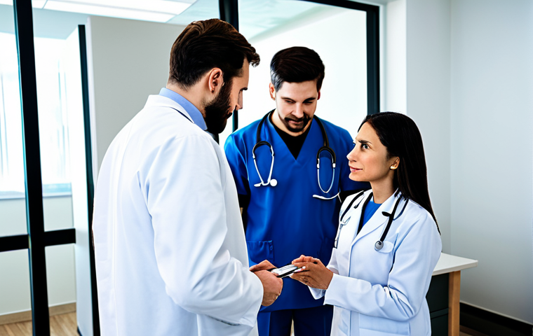 A professional healthcare scene depicting a diverse group of individuals, fully clothed in modest, appropriate attire, engaging with a healthcare professional in a modern, brightly lit medical center. The scene highlights the concepts of prevention and early detection, with subtle visual cues of advanced medical technology like AI diagnostics on screens or wearable health devices. The atmosphere is positive and reassuring, emphasizing personalized screenings and proactive health management. safe for work, appropriate content, fully clothed, professional, perfect anatomy, correct proportions, natural pose, well-formed hands, proper finger count, natural body proportions.