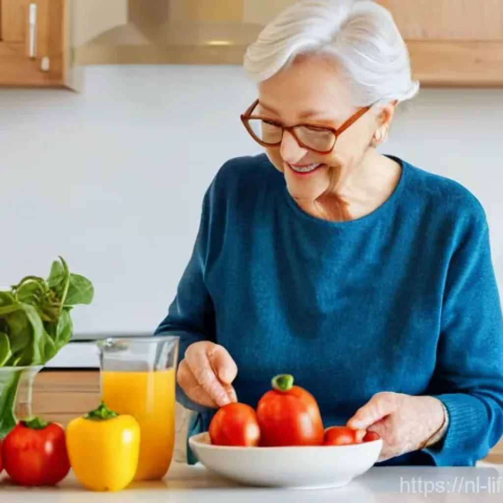 생활습관과 장수 - A brightly lit and inviting image of a healthy elderly woman (around 70-75 years old), dressed in co...
