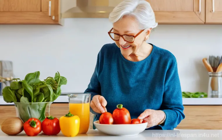 생활습관과 장수 - A brightly lit and inviting image of a healthy elderly woman (around 70-75 years old), dressed in co...