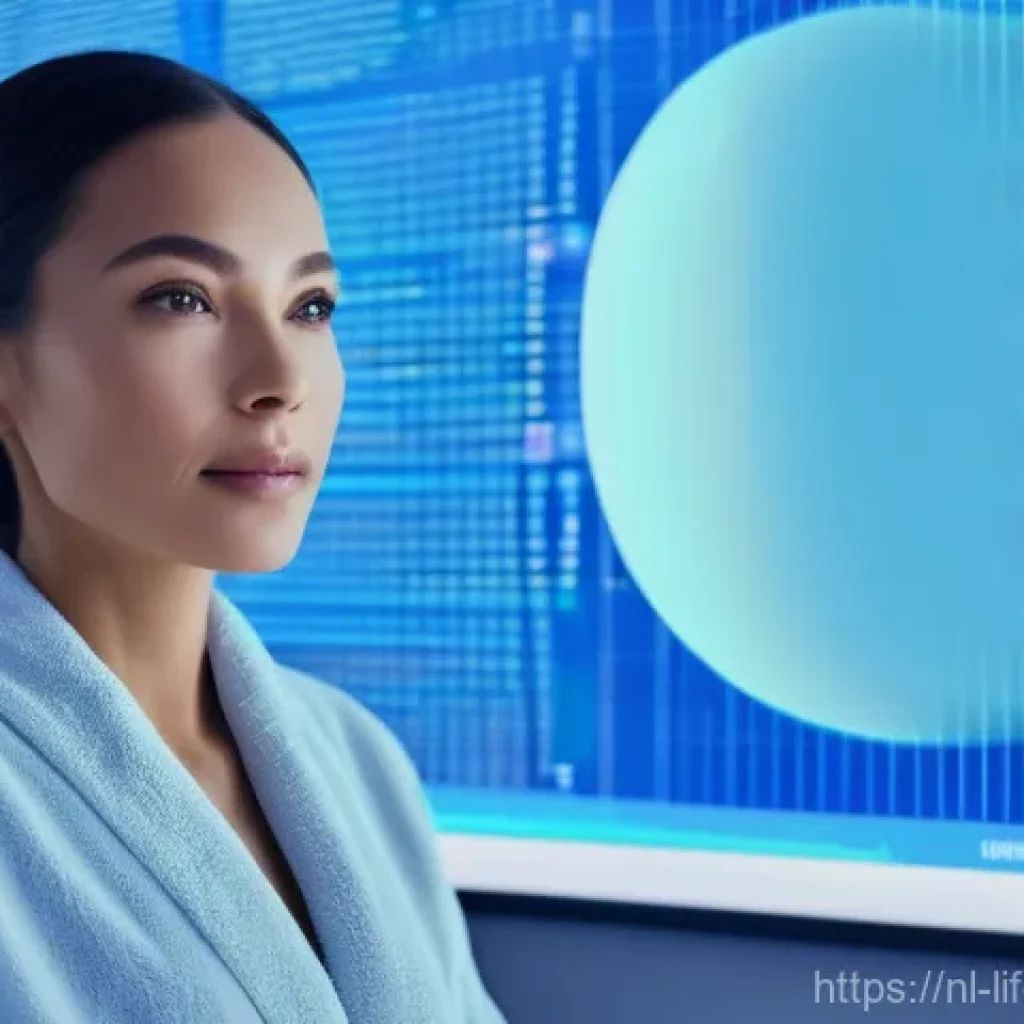 항노화 치료 - **Prompt:** "A sophisticated woman in her late 30s, dressed in a tasteful, soft gray spa robe, is co...