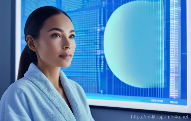 항노화 치료 - **Prompt:** "A sophisticated woman in her late 30s, dressed in a tasteful, soft gray spa robe, is co...