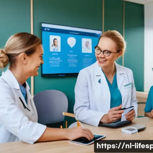 건강보험과 평균수명 - A vibrant scene of a modern Dutch healthcare center with friendly doctors and nurses engaging with d...