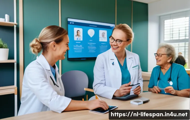 건강보험과 평균수명 - A vibrant scene of a modern Dutch healthcare center with friendly doctors and nurses engaging with d...