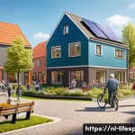 평균수명과 경제적 영향 - A detailed illustration of a modern Dutch neighborhood with elderly residents engaging in community ...