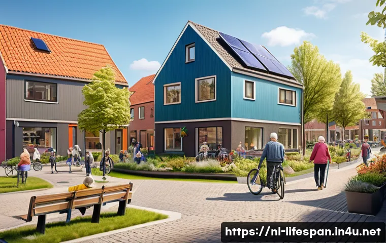 평균수명과 경제적 영향 - A detailed illustration of a modern Dutch neighborhood with elderly residents engaging in community ...