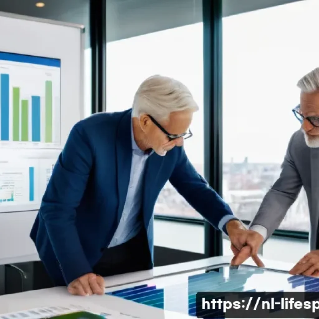 미래 평균수명 - A diverse group of older Dutch professionals in a modern office setting, collaborating around a digi...