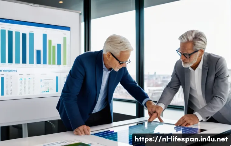 미래 평균수명 - A diverse group of older Dutch professionals in a modern office setting, collaborating around a digi...