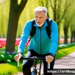 남성 평균수명 - A healthy middle-aged Dutch man wearing casual sporty clothes, cycling through a scenic park with lu...