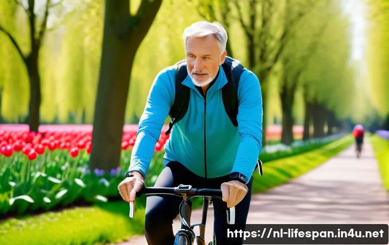 남성 평균수명 - A healthy middle-aged Dutch man wearing casual sporty clothes, cycling through a scenic park with lu...