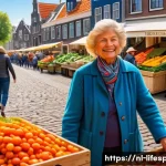 균형 잡힌 식단과 평균수명 - A vibrant, colorful Dutch farmer’s market stall overflowing with fresh vegetables and fruits arrange...