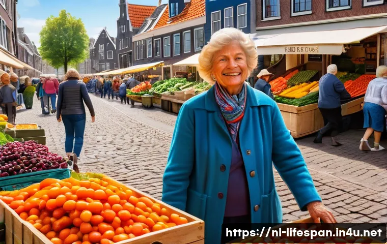 균형 잡힌 식단과 평균수명 - A vibrant, colorful Dutch farmer’s market stall overflowing with fresh vegetables and fruits arrange...