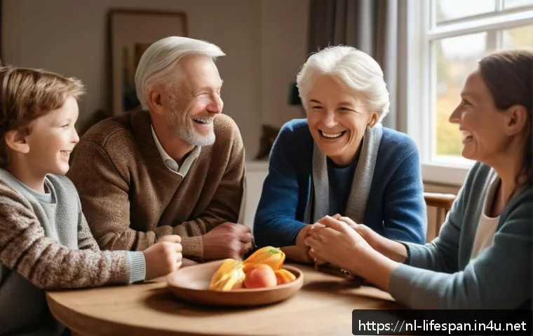 감정적 웰빙과 평균수명 - A warm and inviting Dutch family gathering in a cozy living room during autumn, with multiple genera...