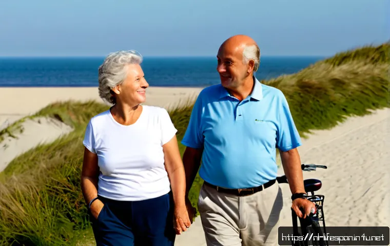 당뇨병과 평균수명 - Photorealistic lifestyle health image of an active Dutch senior couple in their late sixties walking...