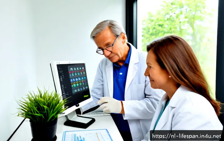 CRISPR와 평균수명 - Photorealistic biotechnology laboratory in the Netherlands, a diverse elderly Dutch couple in their ...