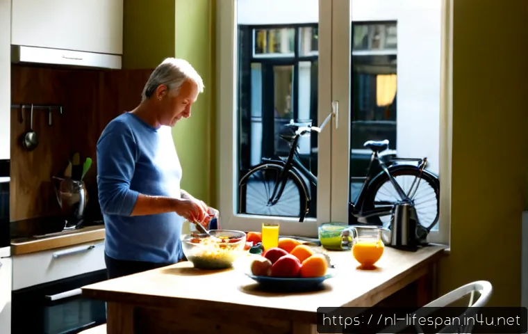 Home 17 생활습관과 평균수명 - Photorealistic Dutch lifestyle scene in a bright Amsterdam apartment kitchen, active middle-aged cou...